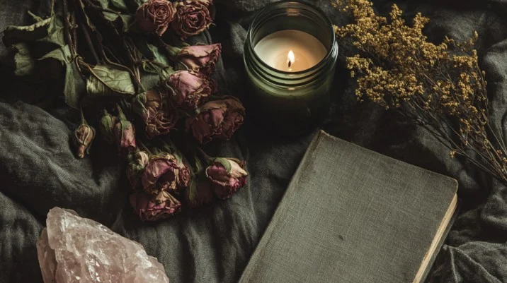 A flat lay of rose quartz crystals, dried rose petals, a green candle and an open journal on dark linen