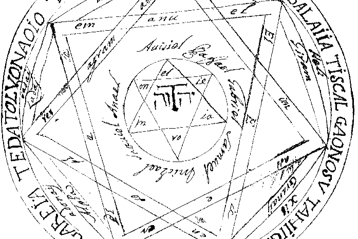 An open grimoire-style book showing a pentacle diagram, beside a ritual knife, a wooden wand, a ceramic cup, and a single candle on dark wood, photographed in warm amber candlelight