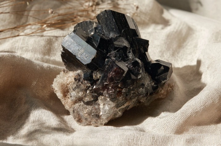 A black tourmaline cluster on dark linen beside a piece of white selenite, a beeswax candle, and a thin spiral of smoke from a stick of incense, photographed in low warm candlelight