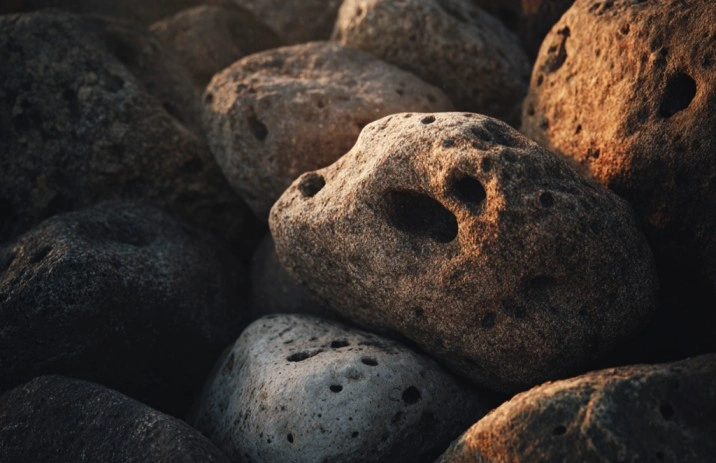 A close-up of weathered stones with natural holes and pockmarks piled together, lit by warm sunset light