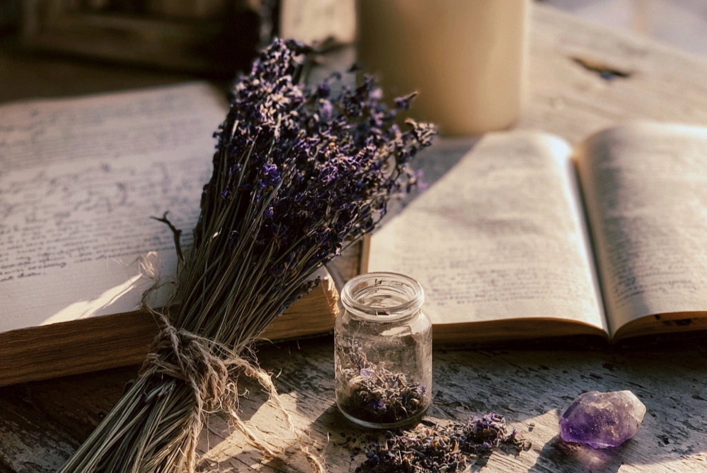 A bundle of dried purple lavender flowers tied with linen twine on a weathered wooden surface, beside a small glass jar of loose dried buds, an open journal, a white pillar candle, and a small amethyst tumble stone in soft sunlight