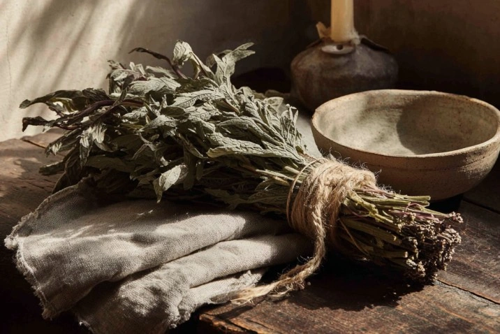 A bundle of dried mugwort with silvery-green leaves tied with linen twine, resting on a dark wooden table beside a small ceramic bowl, an unlit beeswax candle, and a folded grey cloth in soft window light