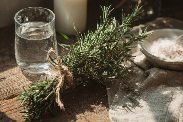 A bundle of fresh rosemary sprigs tied with linen twine on a worn wooden surface beside a small clear glass of water, an unlit white candle, and a white ceramic dish with a pinch of sea salt, photographed in clear natural light