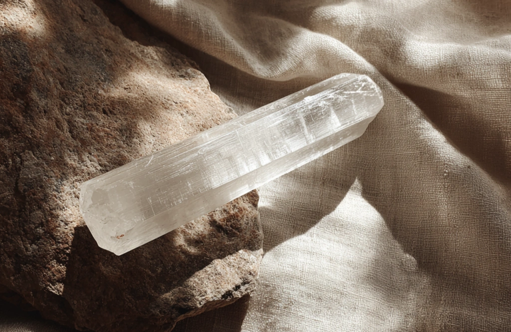 A single clear-white selenite wand resting on a piece of weathered wood and cream linen, in soft warm light